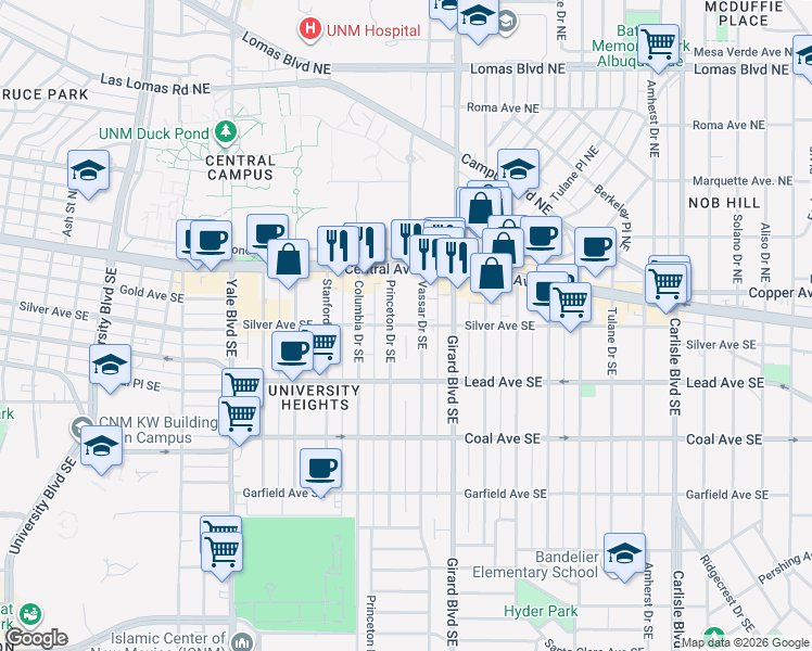 map of restaurants, bars, coffee shops, grocery stores, and more near Silver Avenue Southeast in Albuquerque