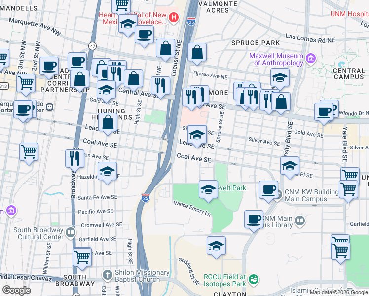 map of restaurants, bars, coffee shops, grocery stores, and more near 488-598 Oak Street Southeast in Albuquerque