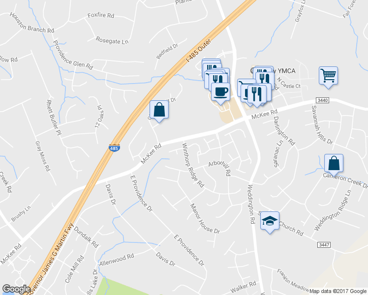 map of restaurants, bars, coffee shops, grocery stores, and more near 2800 Thornbush Court in Charlotte