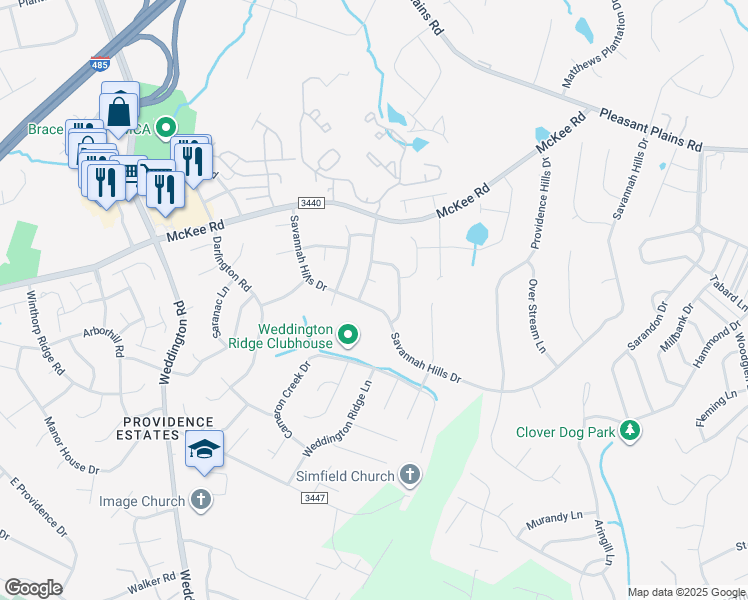 map of restaurants, bars, coffee shops, grocery stores, and more near 2211 Savannah Hills Drive in Matthews