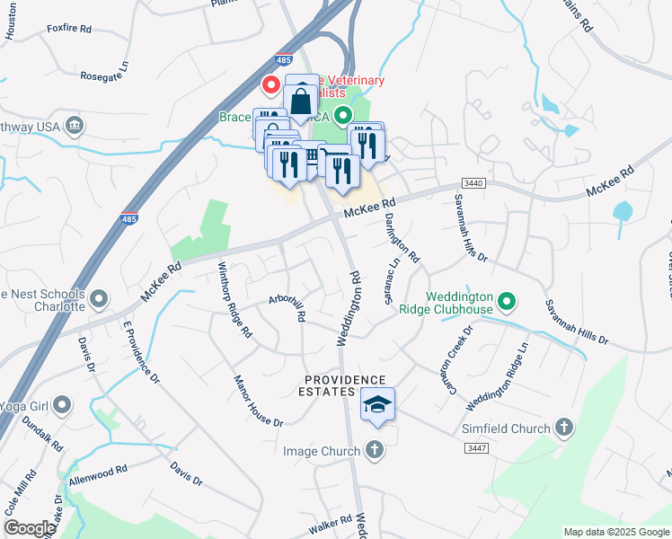 map of restaurants, bars, coffee shops, grocery stores, and more near 2100 Kaybird Lane in Charlotte