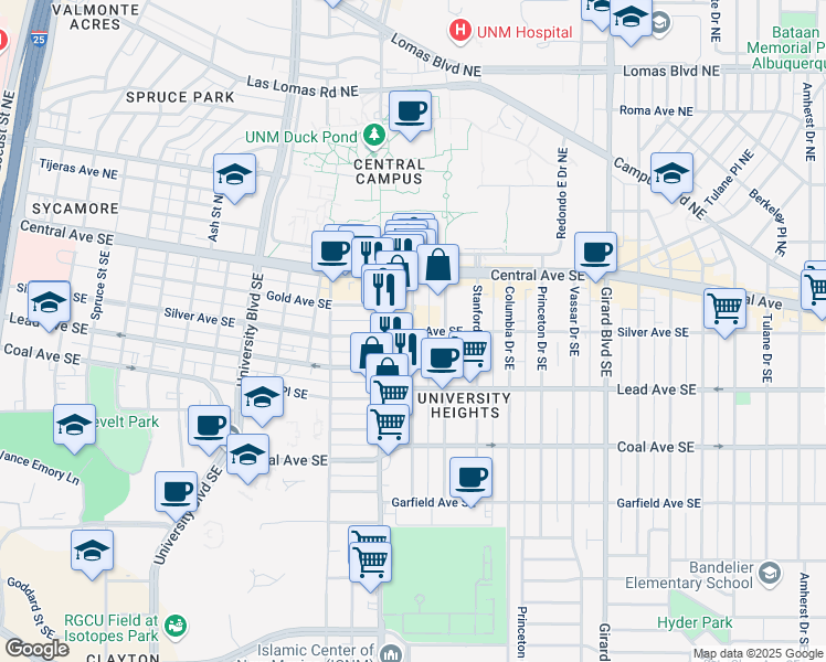 map of restaurants, bars, coffee shops, grocery stores, and more near Silver Ave SE & Harvard Dr SE in Albuquerque
