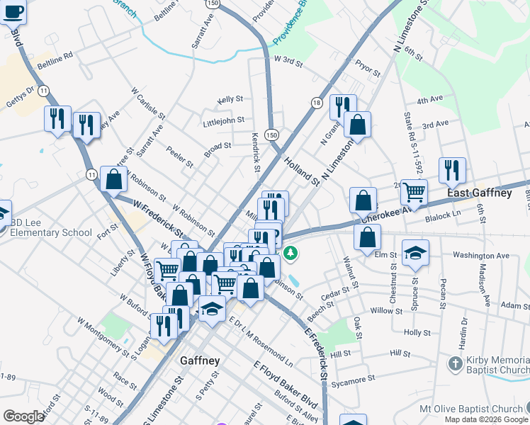 map of restaurants, bars, coffee shops, grocery stores, and more near 913 North Granard Street in Gaffney