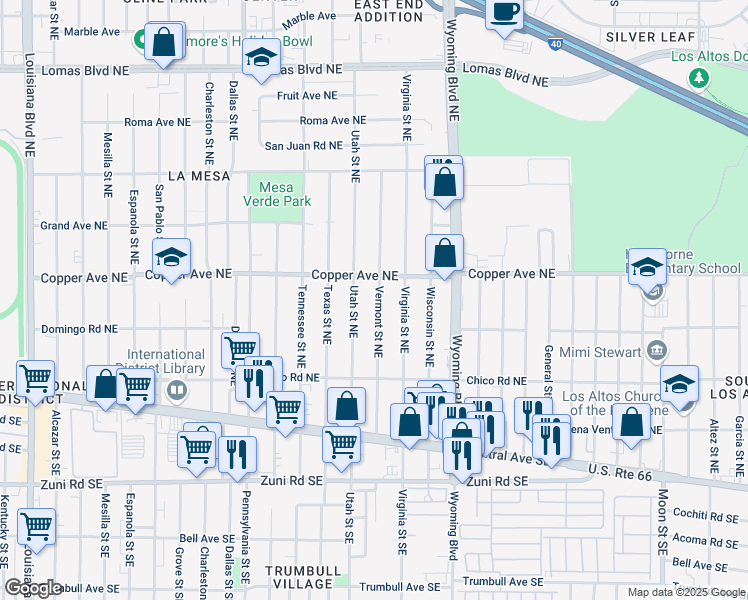 map of restaurants, bars, coffee shops, grocery stores, and more near 327 Vermont Street Northeast in Albuquerque