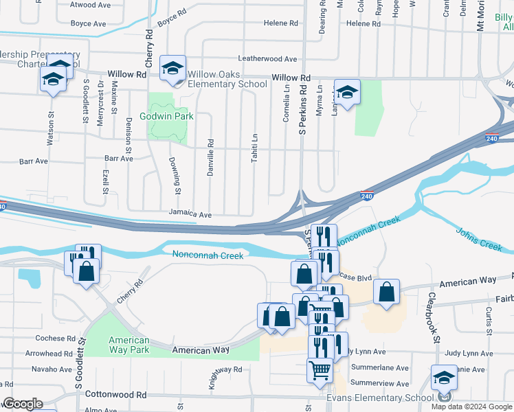 map of restaurants, bars, coffee shops, grocery stores, and more near 1924 Tahiti Lane in Memphis