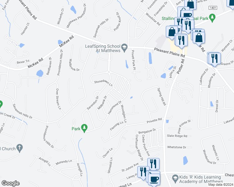 map of restaurants, bars, coffee shops, grocery stores, and more near 1032 Tabard Lane in Stallings