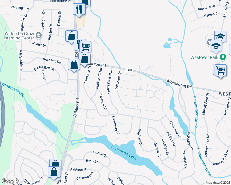 map of restaurants, bars, coffee shops, grocery stores, and more near 7213 Tollhouse Drive in Fayetteville