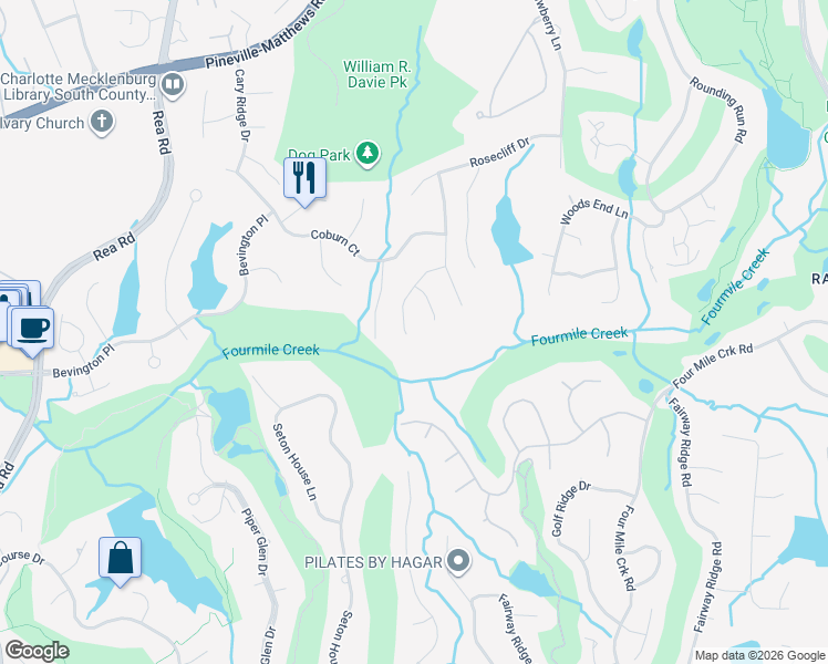 map of restaurants, bars, coffee shops, grocery stores, and more near 4717 Pineland Place in Charlotte