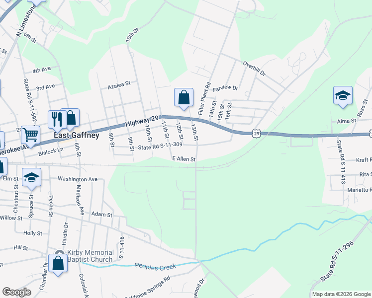 map of restaurants, bars, coffee shops, grocery stores, and more near 414 Grubb Street in Gaffney