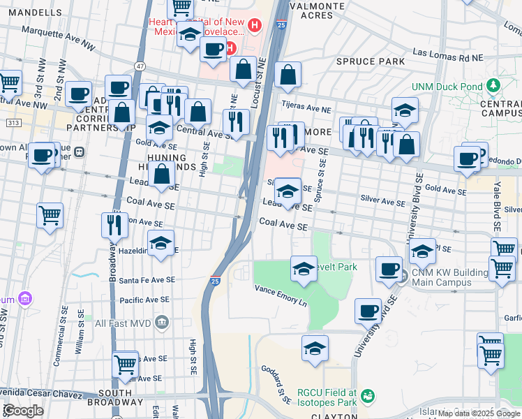 map of restaurants, bars, coffee shops, grocery stores, and more near 488-598 Oak Street Southeast in Albuquerque