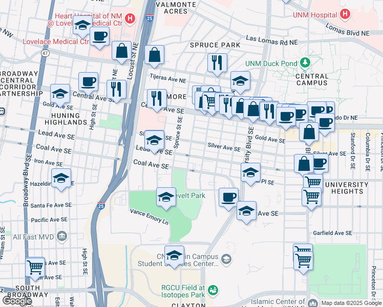 map of restaurants, bars, coffee shops, grocery stores, and more near 318 Sycamore Street Southeast in Albuquerque