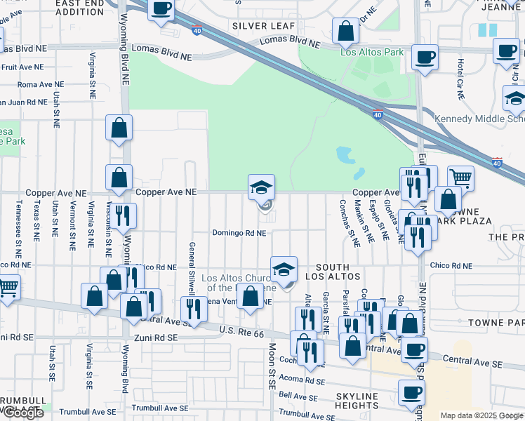 map of restaurants, bars, coffee shops, grocery stores, and more near 420 General Somervell Street Southeast in Albuquerque