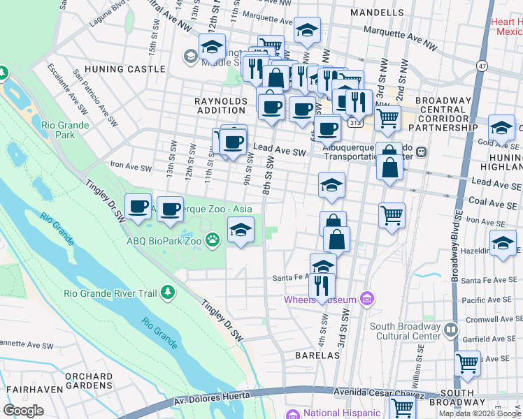 map of restaurants, bars, coffee shops, grocery stores, and more near 709 8th Street Southwest in Albuquerque