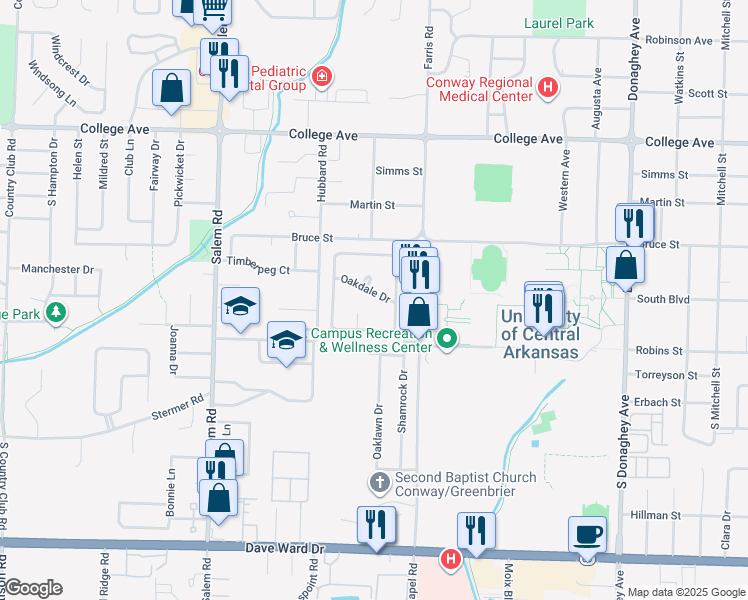 map of restaurants, bars, coffee shops, grocery stores, and more near 1 Oakdale Drive in Conway