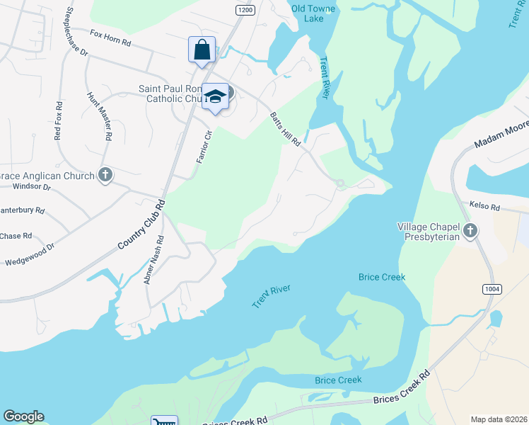 map of restaurants, bars, coffee shops, grocery stores, and more near 113 Allen Drive in New Bern