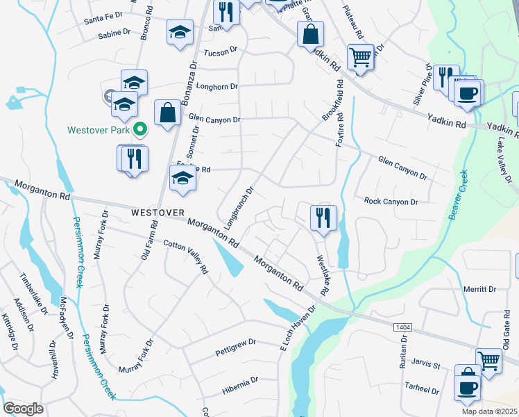 map of restaurants, bars, coffee shops, grocery stores, and more near 5614 Netherfield Place in Fayetteville