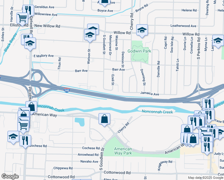 map of restaurants, bars, coffee shops, grocery stores, and more near 2958 Goodlett Road in Memphis