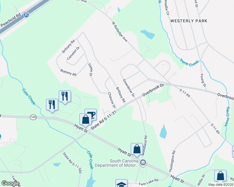 map of restaurants, bars, coffee shops, grocery stores, and more near 114 Chaucer Drive in Gaffney