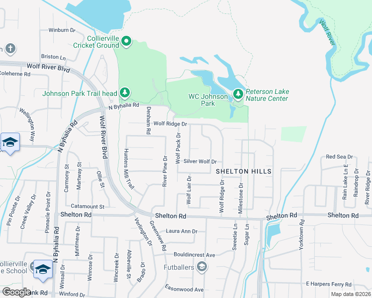 map of restaurants, bars, coffee shops, grocery stores, and more near 1450 Wolf Pack Drive in Collierville