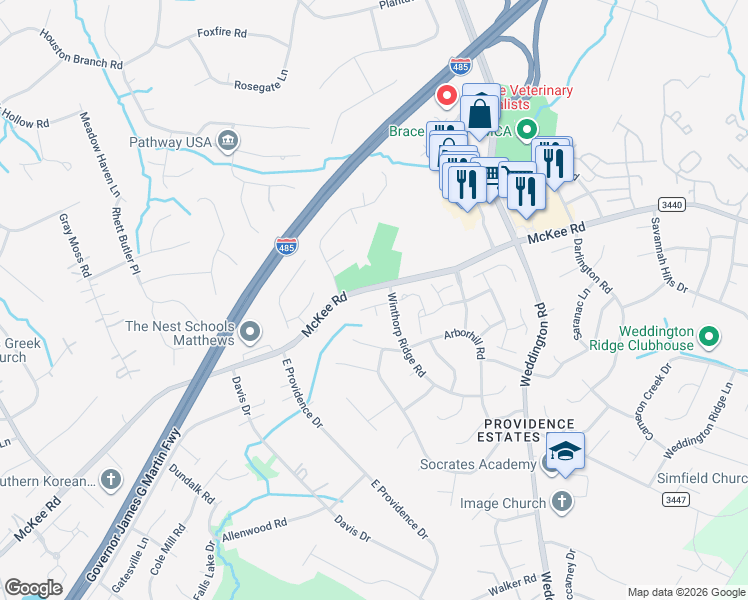map of restaurants, bars, coffee shops, grocery stores, and more near 2814 Thornbush Court in Charlotte