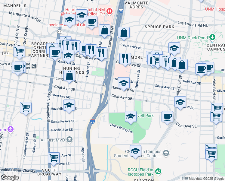 map of restaurants, bars, coffee shops, grocery stores, and more near 1001 Coal Avenue Southeast in Albuquerque