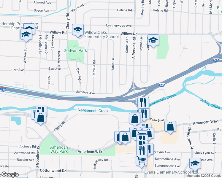 map of restaurants, bars, coffee shops, grocery stores, and more near 1923 Tahiti Lane in Memphis