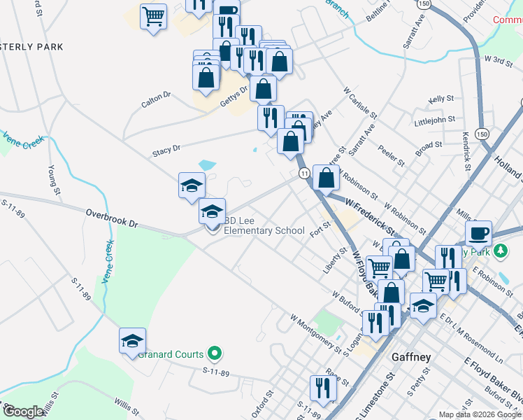map of restaurants, bars, coffee shops, grocery stores, and more near 203 Hampton Avenue in Gaffney