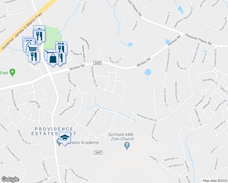map of restaurants, bars, coffee shops, grocery stores, and more near 7504 Carrington Forest Lane in Matthews