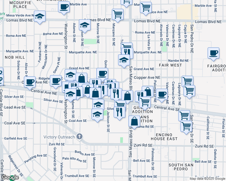 map of restaurants, bars, coffee shops, grocery stores, and more near 129 Manzano Street Northeast in Albuquerque