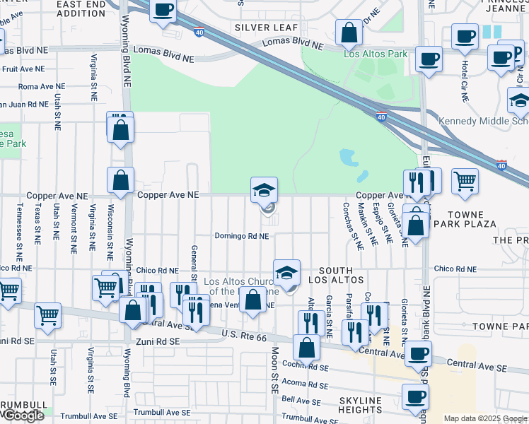 map of restaurants, bars, coffee shops, grocery stores, and more near 420 General Somervell Street Northeast in Albuquerque