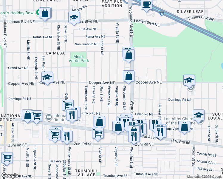 map of restaurants, bars, coffee shops, grocery stores, and more near 321 Vermont Street Northeast in Albuquerque