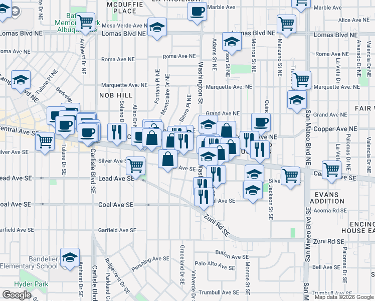 map of restaurants, bars, coffee shops, grocery stores, and more near 4223 Central Avenue Northeast in Albuquerque