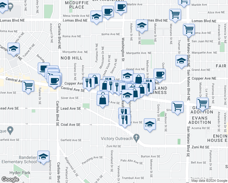 map of restaurants, bars, coffee shops, grocery stores, and more near 4214 Central Avenue Southeast in Albuquerque