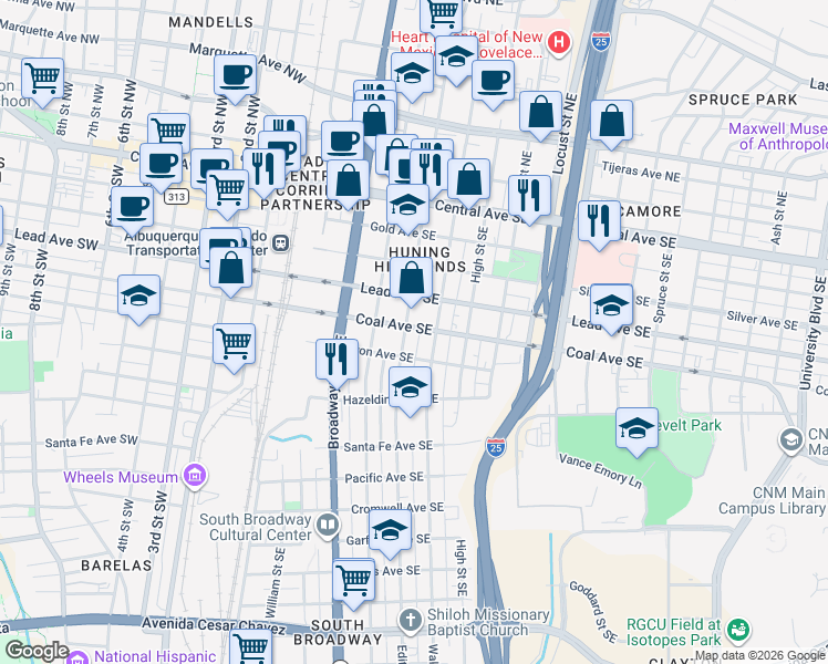 map of restaurants, bars, coffee shops, grocery stores, and more near 504 Edith Boulevard Southeast in Albuquerque