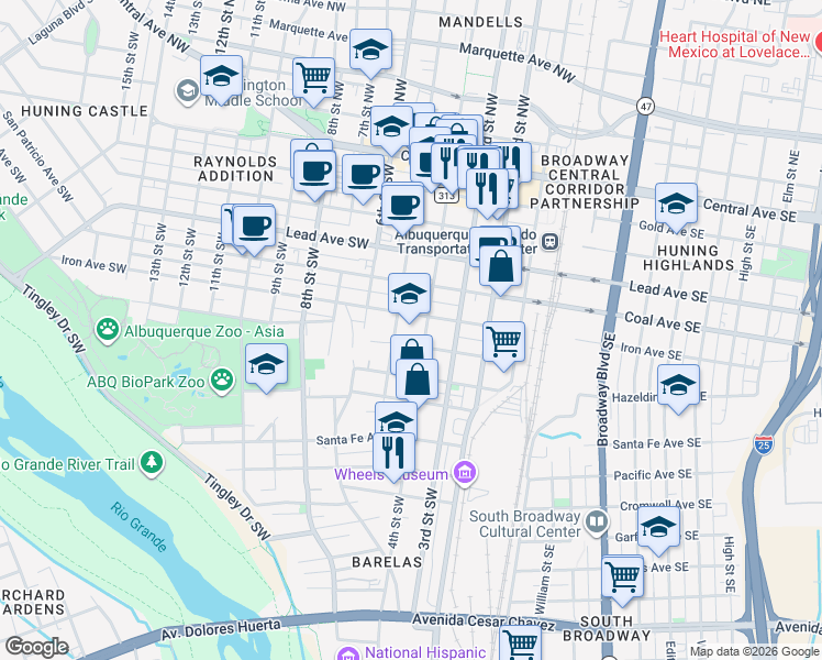 map of restaurants, bars, coffee shops, grocery stores, and more near 601 4th Street Southwest in Albuquerque
