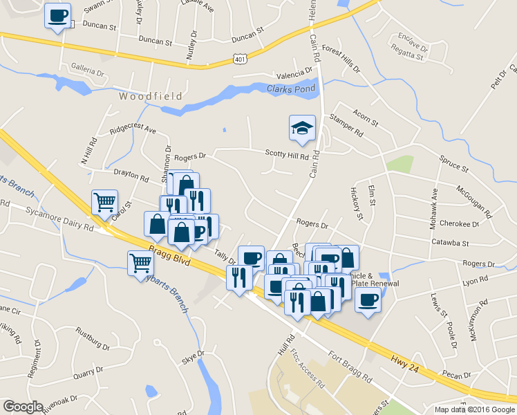map of restaurants, bars, coffee shops, grocery stores, and more near 3231 Rogers Drive in Fayetteville
