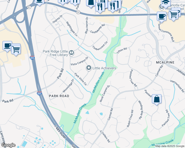 map of restaurants, bars, coffee shops, grocery stores, and more near 8120 Park Vista Circle in Charlotte