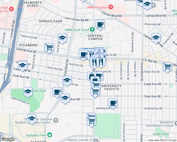 map of restaurants, bars, coffee shops, grocery stores, and more near 2123 Silver Avenue Southeast in Albuquerque