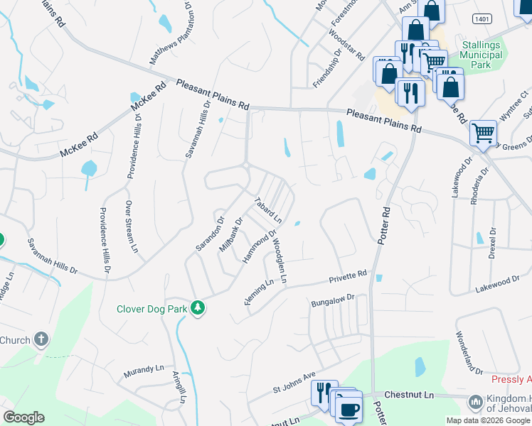 map of restaurants, bars, coffee shops, grocery stores, and more near 1029 Woodglen Lane in Stallings