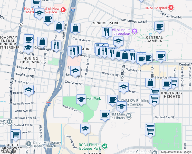 map of restaurants, bars, coffee shops, grocery stores, and more near 318 Sycamore Street Southeast in Albuquerque