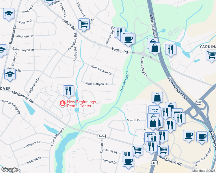 map of restaurants, bars, coffee shops, grocery stores, and more near 5204 Sundown Drive in Fayetteville