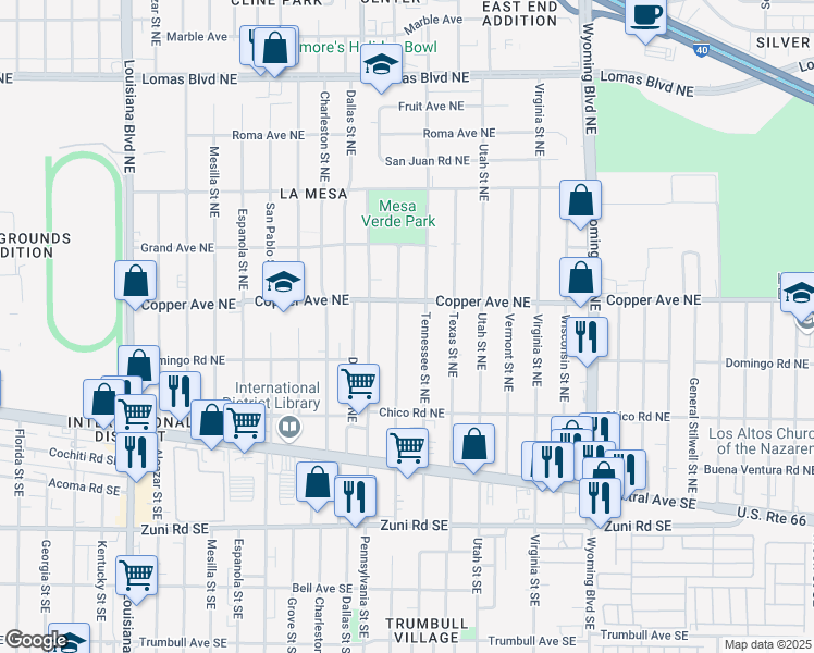 map of restaurants, bars, coffee shops, grocery stores, and more near 324 Rhode Island Street Northeast in Albuquerque