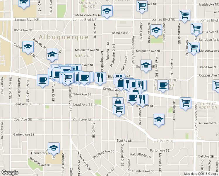 map of restaurants, bars, coffee shops, grocery stores, and more near Central Ave NE & Montclaire Dr NE in Albuquerque