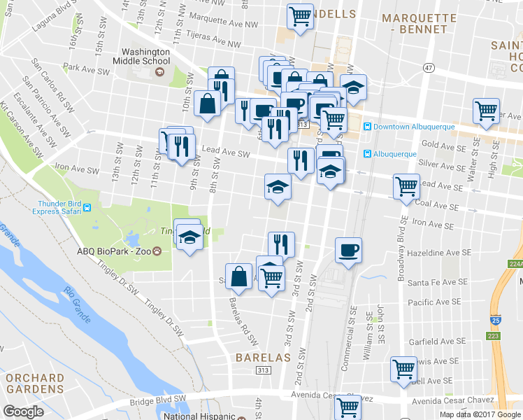 map of restaurants, bars, coffee shops, grocery stores, and more near 513 Stover Avenue Southwest in Albuquerque
