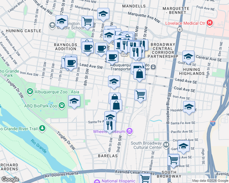 map of restaurants, bars, coffee shops, grocery stores, and more near 601 4th Street Southwest in Albuquerque