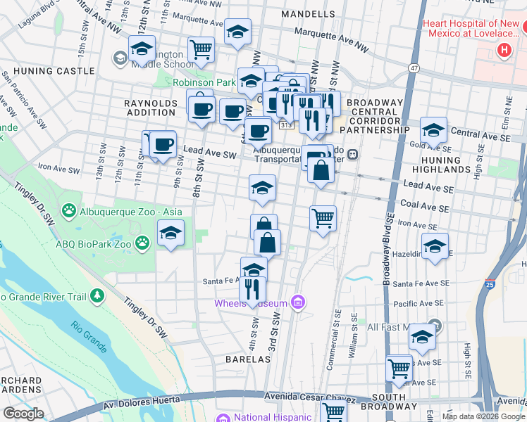 map of restaurants, bars, coffee shops, grocery stores, and more near 601 4th Street Southwest in Albuquerque