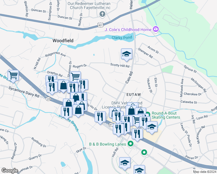 map of restaurants, bars, coffee shops, grocery stores, and more near 3231 Rogers Drive in Fayetteville