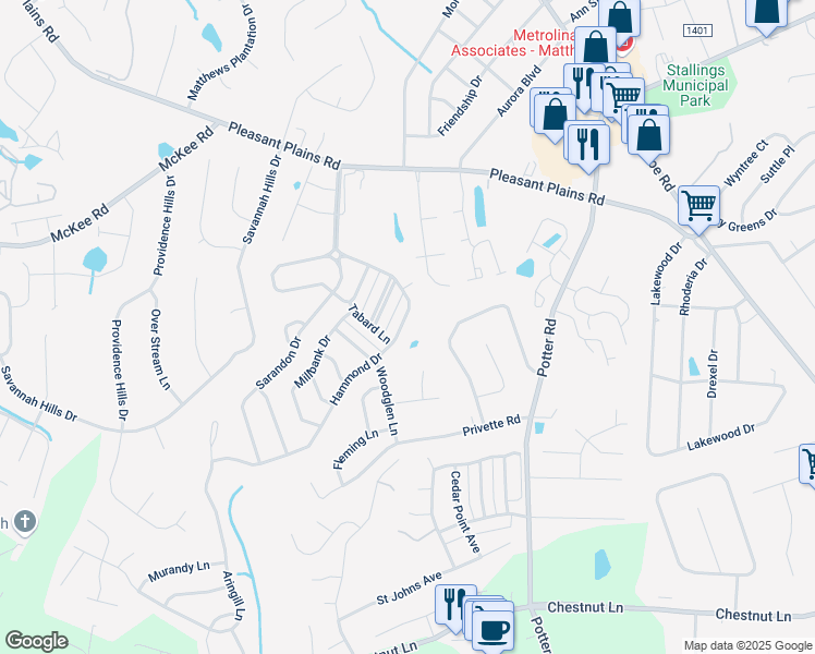 map of restaurants, bars, coffee shops, grocery stores, and more near 1137 Hammond Drive in Matthews