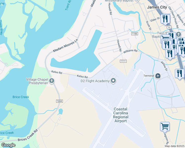 map of restaurants, bars, coffee shops, grocery stores, and more near 904-916 Williams Road in New Bern