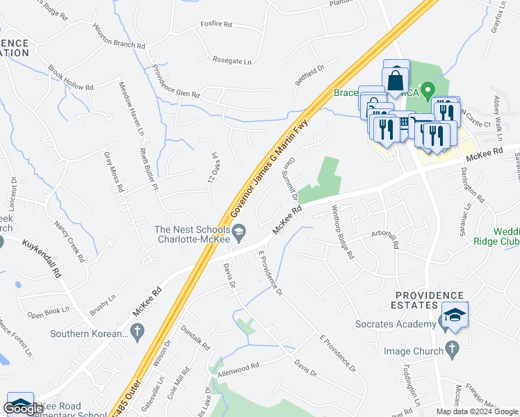 map of restaurants, bars, coffee shops, grocery stores, and more near 1805 Chinchester Lane in Charlotte